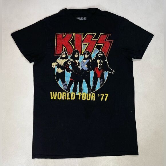 KISS World Tour 77 Retro Graphic T-shirt Women Small Black Short Sleeve Music - Picture 1 of 6
